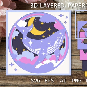 Pode incluir: Um design de corte de papel 3D em camadas com uma baleia nadando em um céu noturno com uma lua crescente e estrelas. A baleia é roxa clara, em um fundo azul escuro, com nuvens rosa e roxas. O texto "3D LAYERED PAPER CUT" está no topo.