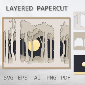 Découpe de papier en couches, boîte d'ombre de forêt 3D découpée en papier SVG, modèles en couches