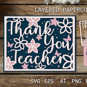 Obrigado professor cartão SVG | Cartão de corte de papel em camadas, ideias de cartões de agradecimento, corte de papel 3D para cricut