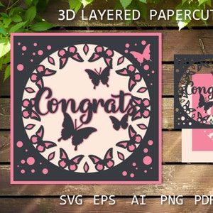 Tarjeta de felicitación Corte de papel en capas SVG, Tarjeta de cumpleaños, Tarjeta de boda, Tarjeta de felicitación 3D, Plantilla de corte de papel para manualidades, Shadow Box