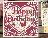 Happy Birthday card, Layered papercut template, Birthday SVG card with butterfly, Layered papercut card, Paper cutting template, Shadow box