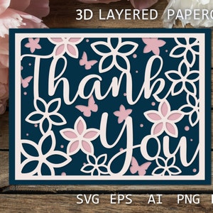 Tarjeta de agradecimiento SVG con corte de papel en capas, ideas para tarjetas de agradecimiento, corte de papel 3D para Cricut