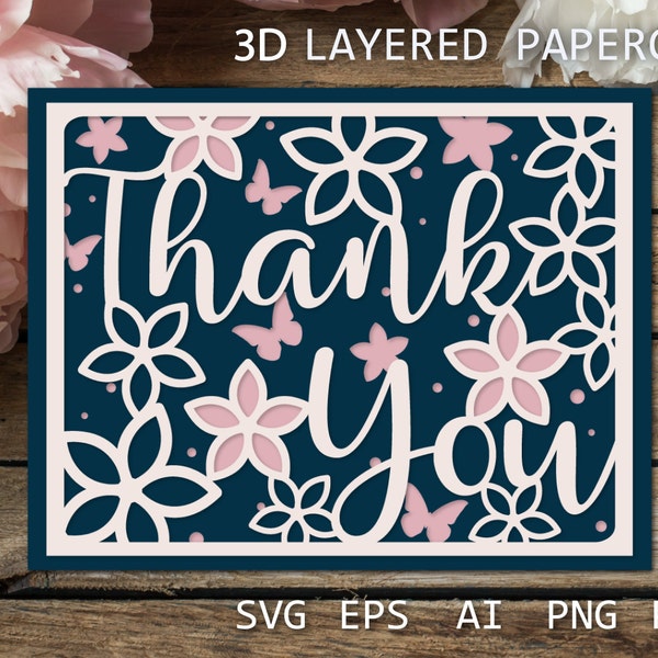 Thank you card SVG layered papercut, Thank you card ideas, 3d papercut for cricut