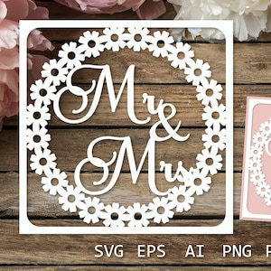 Mr & Mrs Wedding Card, Congratulations Wedding card with flowers SVG
