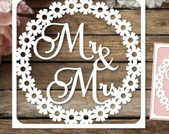Tarjeta de boda Mr & Mrs, Felicitaciones Tarjeta de boda con flores SVG