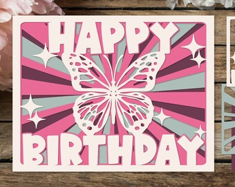 Design de cartão de aniversário, cartão de felicitações de corte de papel SVG de aniversário, modelo de cartão de corte de papel de aniversário SVG para Cricut