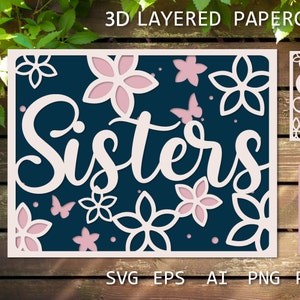 Tarjeta de corte de papel de hermanas, tarjeta en capas para hermana, caja de sombras 3D