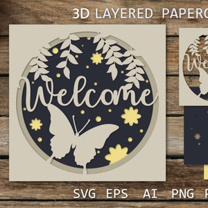 Diseño de tarjeta de bienvenida, caja de sombra 3D con tarjeta SVG de mariposa, plantillas de corte de papel para Cricut