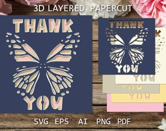 Thank You Card SVG | Butterfly Cut File | Cricut & Silhouette Card Template