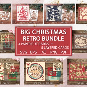 Pacchetto biglietti di Natale retrò SVG / Set biglietti di auguri vintage / Carta tagliata a strati 3D per Cricut e Silhouette, Shadow Box