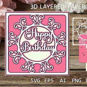 Élégante carte d'anniversaire en couches, conception découpée en papier d'anniversaire en couches, anniversaire Shadow Box SVG, modèle de découpe de papier