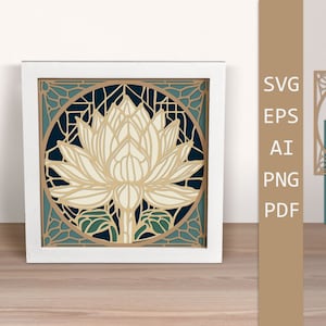 Buntglas Lotus SVG, geschichtete Papierschnitt Blumen, 3D Karte SVG, Shadow Box, Papierschnitt Vorlage