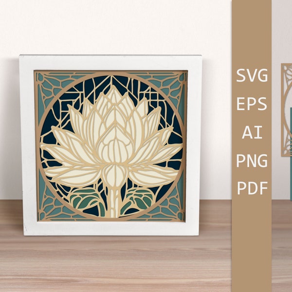 Stained Glass Lotus SVG, Layered papercut Flowers, 3D card SVG, Shadow Box, paper cut template