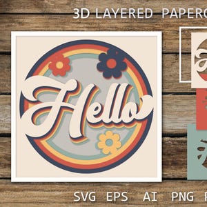 Diseño de tarjeta de saludo, tarjeta de felicitación de saludo con corte de papel retro SVG, plantilla de corte de papel para manualidades, caja de sombras