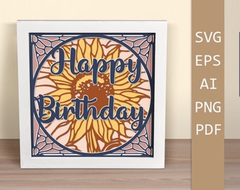 Birthday Layered card SVG, Stained Glass Sunflower 3D, Shadow box SVG, Layered papercut card, Paper cutting template