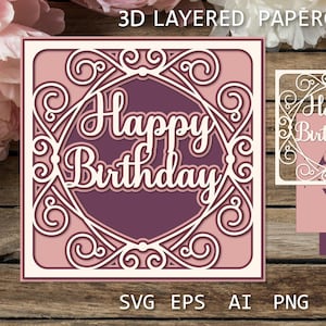 Cartão de feliz aniversário em camadas, modelo de corte de papel 3D SVG, caixa de sombra para Cricut