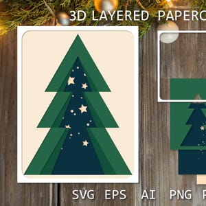 Sapin de Noël 3D découpé en couches de papier, carte de Noël SVG, modèle de découpage d'hiver de boîte d'ombre