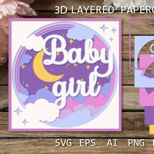 Baby Girl Karte mit bunten Wolken, Baby Girl SVG Papierschnitt, New Baby Shadow Box 3D Layered Karte