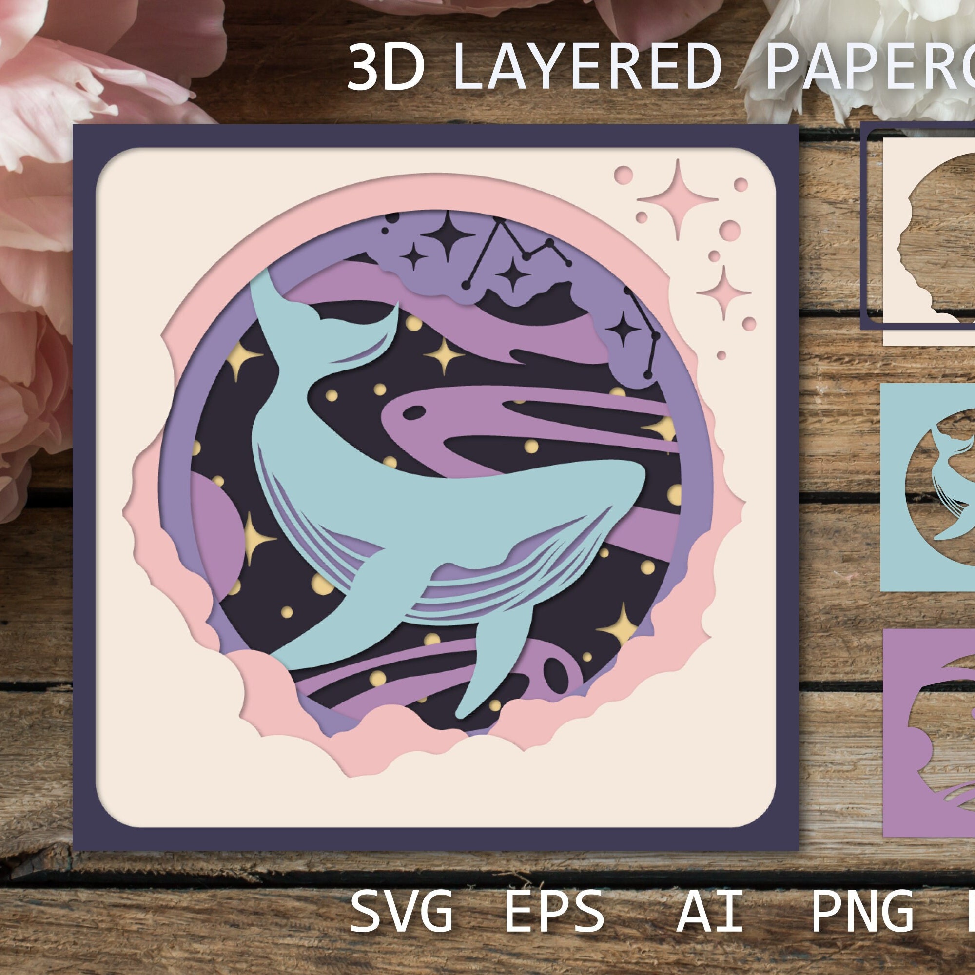 Whale paper cut style. Layered paper cut out. Shadow box, 3d art. Stock  Vector