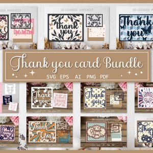 Grazie 11 Pacchetto grande di biglietti di auguri tagliati in carta, Pacchetto di biglietti di auguri tagliati in carta SVG a strati, Scatola delle ombre 3D