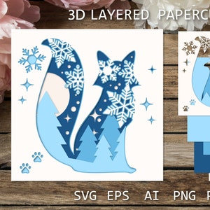 Renard papier découpé en couches Svg, modèle de carte en papier renard de Noël, boîte d'ombre d'hiver 3D