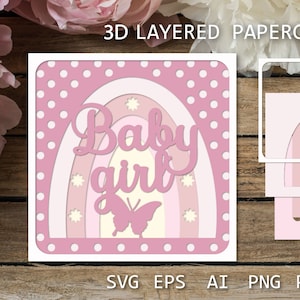 Baby Girl Karte, Baby Girl SVG Papierschnittvorlage, New Baby Shadow Box 3D