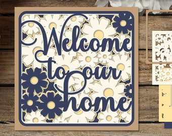 Welkom bij ons Home-kaartontwerp, 3D-schaduwdoos met bloemen, papiersnijsjablonen voor Cricut