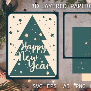 Carte de voeux de bonne année, carte de Noël avec superposition de papier découpé en 3D | Sapin de Noël SVG, modèle de découpe de papier d'hiver de boîte d'ombre