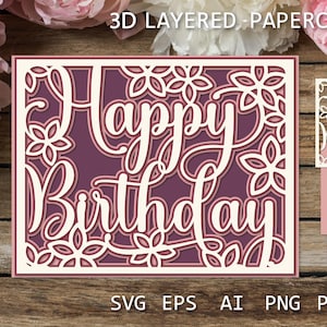 Cartão de feliz aniversário Cartão de papel cortado em camadas com flores SVG, corte de papel 3D, modelo de corte de papel para artesanato, caixa de sombra