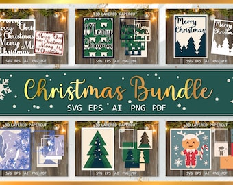 May include: A digital download bundle of Christmas-themed SVG, EPS, AI, PNG, and PDF files. The bundle includes a variety of designs, including a layered papercut of a Christmas tree, a Christmas card with the text "Merry Christmas", and a gingerbread man.