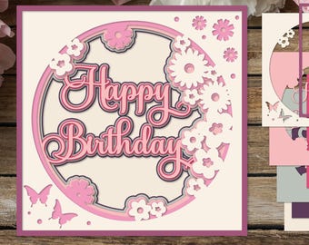 Happy Birthday Layered card with flowers and butterflies, SVG 3D paper cutting template, Shadow box for cricut