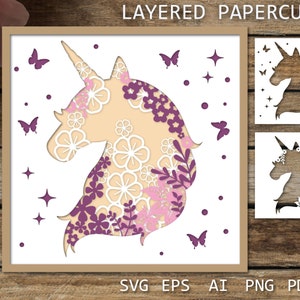 Layered papercut Unicorn Svg, Paper cut template, Paper Cutting shadow box, Butterflies paper cut template