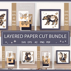 Pacote de corte de papel em camadas, cartões SVG 3D, caixa de sombra, animais