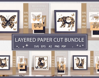 Op de afbeelding: Een digitaal downloadpakket met gelaagde papiersnijdesigns. De ontwerpen bevatten een vlinder, beer, uil, kat en vos met gouden en zwarte accenten. De tekst "3D Layered Papercut" en "Layered Paper Cut Bundle" is opgenomen in de afbeelding.