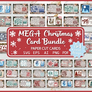 Paquete de tarjetas navideñas MEGA SVG / Tarjetas navideñas, Felices fiestas, Tarjetas de alegría, Plantilla de corte de papel, Shadow Box
