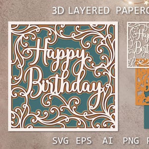 Birthday card, Layered Happy Birthday papercut card SVG 3D, Birthday Shadow Box SVG