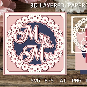 Tarjeta de boda Sr. y Sra. en capas, Tarjeta de felicitación con flores SVG, Tarjeta de boda cortada con papel Corte de papel