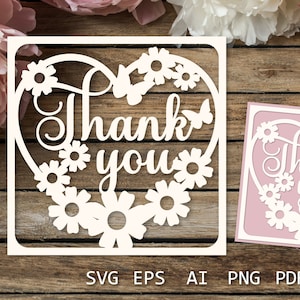 Carte de remerciement avec fleurs et papillons, carte de remerciement découpée dans du papier SVG, idées de cartes de remerciement, papier découpé pour cricut