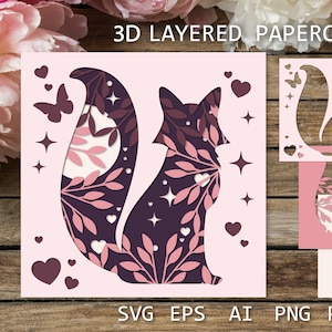 Renard Svg en papier découpé en couches, modèle en papier découpé renard 3D, animaux de la forêt avec coeurs et papillons