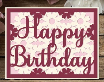 3D Flower Happy Birthday Card SVG, Paper Cutting Template (Digital Download)