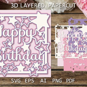 Cartão de feliz aniversário recortado com estrelas - Saudação de aniversário exclusiva SVG, modelo de corte de papel para artesanato, caixa de sombra