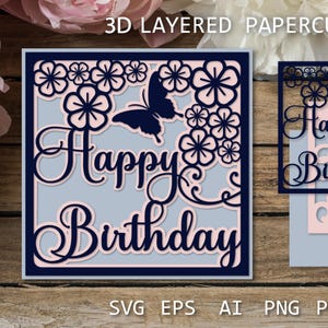 Cartão de feliz aniversário em camadas com flores e borboleta, caixa de sombra de aniversário 3D SVG, cartão de corte de papel em camadas, modelo de corte de papel