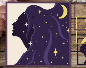 May include: A digital papercraft design featuring a woman's silhouette with flowing hair, stars, and a crescent moon. The design is layered and can be used for scrapbooking, card making, or other paper crafts.