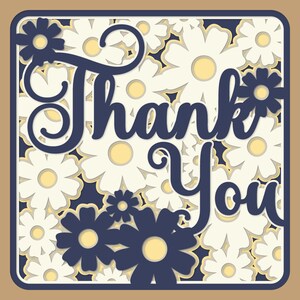 May include: A navy blue thank you card with a white daisy pattern and the words "Thank You" in a decorative font.