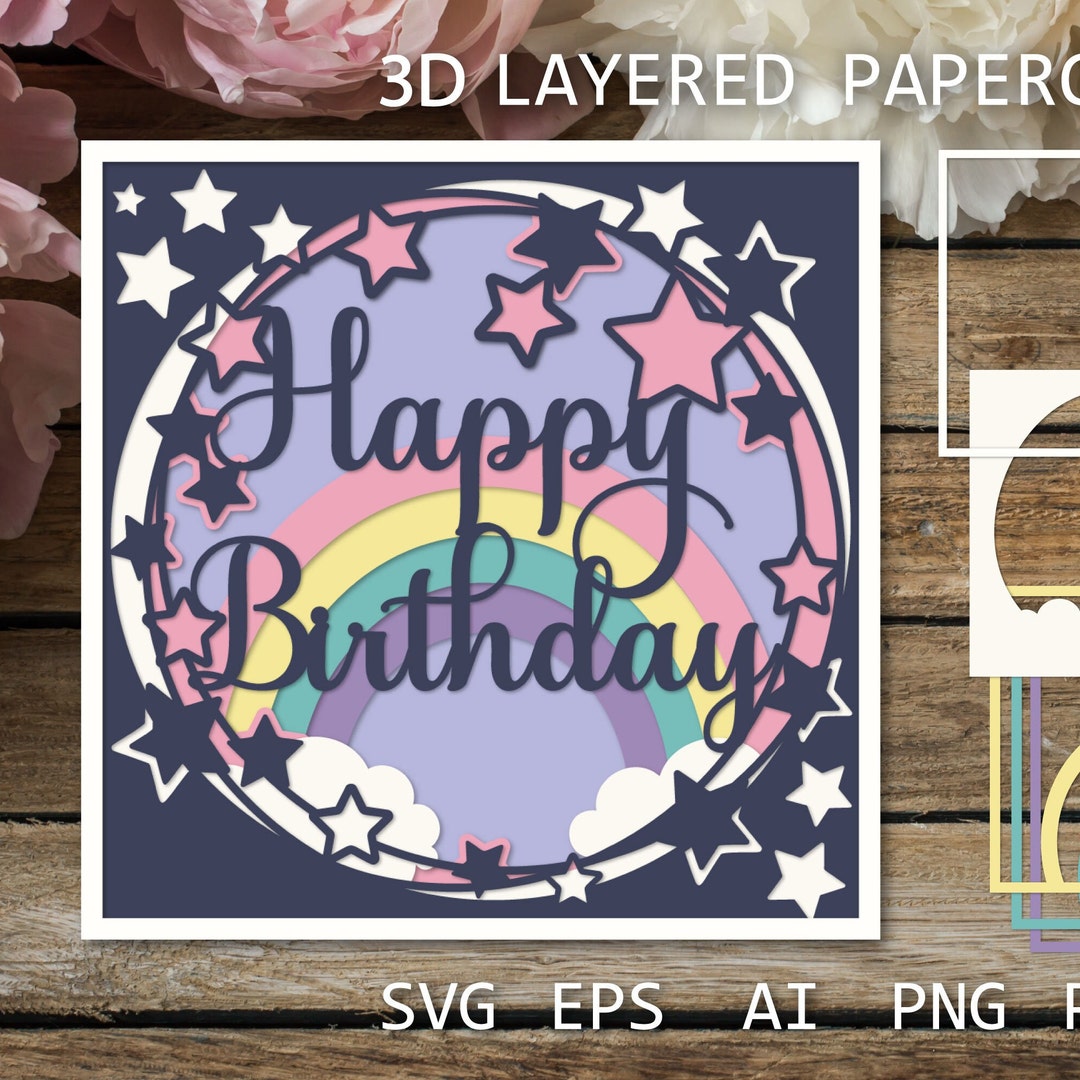 Birthday Card With Stars and Rainbow, Layered Paper Cutting Template ...