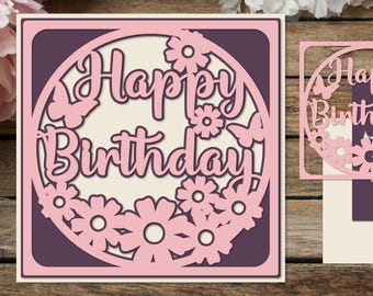 Happy Birthday Layered card with flowers, SVG 3D paper cutting template, Shadow box for cricut