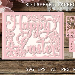 Carte de joyeuses Pâques avec des fleurs, modèle de découpe de papier en couches, modèle de découpe de papier 3D Pâques