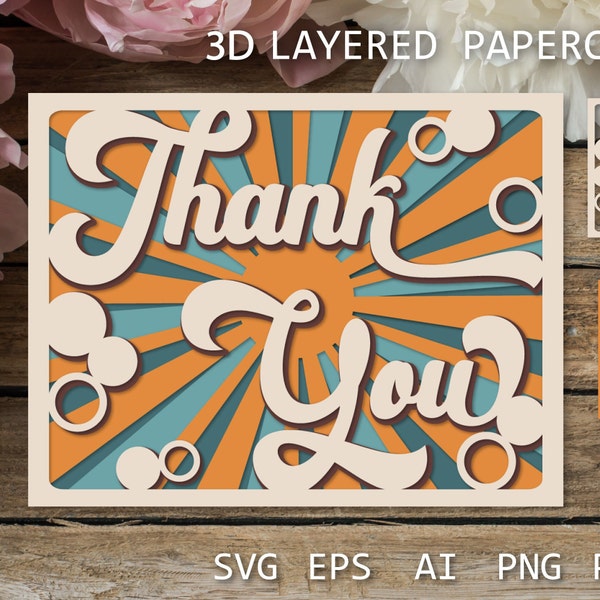 Thank You card SVG | Retro 3D layered paper cut card, Shadow box paper cutting template for Cricut