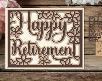Peut inclure: Une découpe de papier en 3D avec le texte "Happy Retirement" entouré de motifs floraux. Le design est en brun et beige.