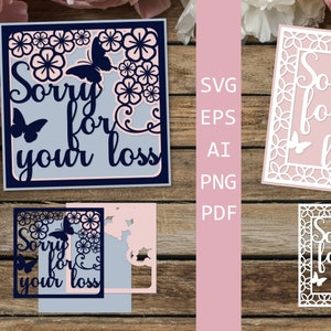 Tarjeta de disculpas por su pérdida, plantillas de corte de papel, SVG en capas con flores 3D, cuadro de sombra 3D, plantilla para Cricut